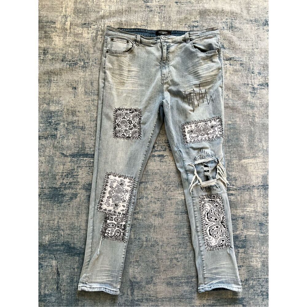 Serenede Light Wash Vanilla Sky Patched Denim Men's Skinny Jeans 42 x 32
